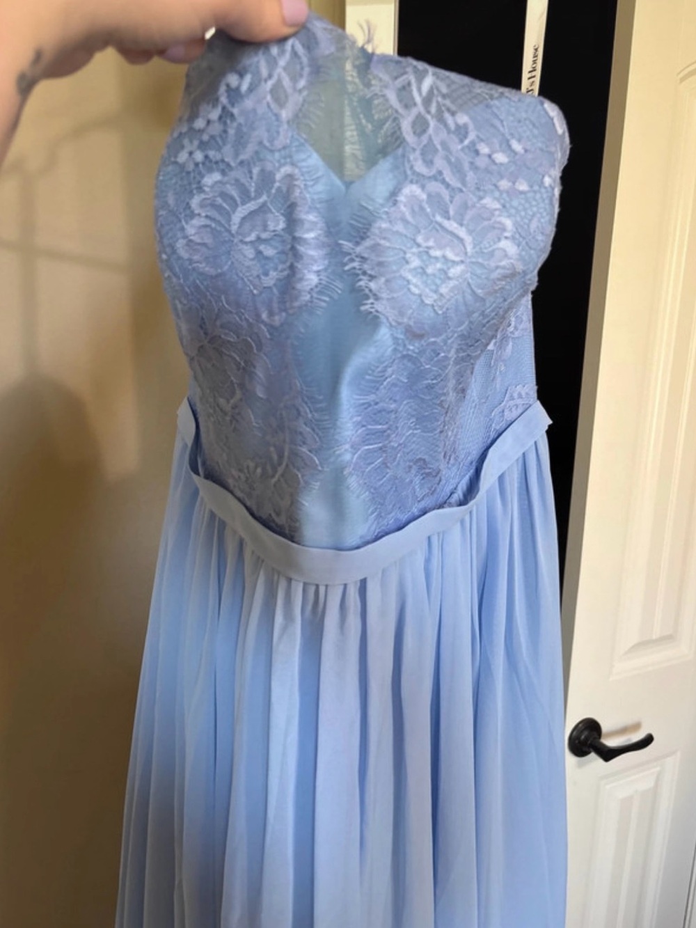 JJs House Strapless Lace Bodice Chiffon Gown - Light Blue